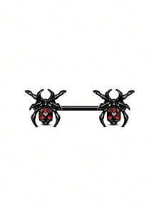 1 Stück Halloween schwarze Flügel Brustwarzen Stab lackierter Edelstahl Hantelbrustwarzenring mit roten Zirkonia Spinnen- und Fledermaus Elementen Brustwarzen Piercing Schmuck
