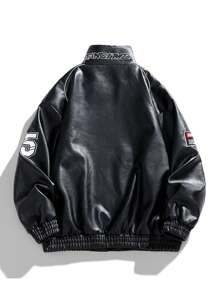 男士长袖印花PU皮夹克，适合秋季，朋克风 - 黑色 - 查看 2