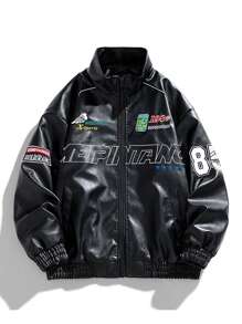 男士长袖印花PU皮夹克，适合秋季，朋克风 - 黑色 - 查看 1