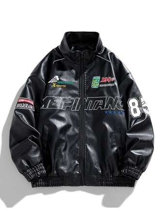 Men Long Sleeve Printed PU Leather Jacket, For Fall, Grunge