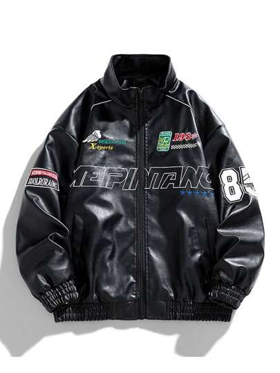 Men Printed Pu Leather Jacket, For Fall, Grunge