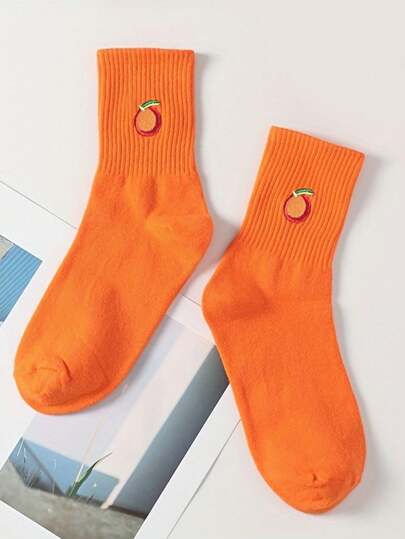 1/2 Pairs Unisex Solid Color Simple Bright Orange Pattern Embroidered Moisture-Wicking Breathable Personalized Fashion Mid-Calf Socks, Suitable For Daily Wear