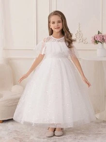 Vestido blanco brillante y esponjoso de tul para niñas pequeñas, vestido de dama de honor de boda para niña de las flores - Blanco - Ver 1