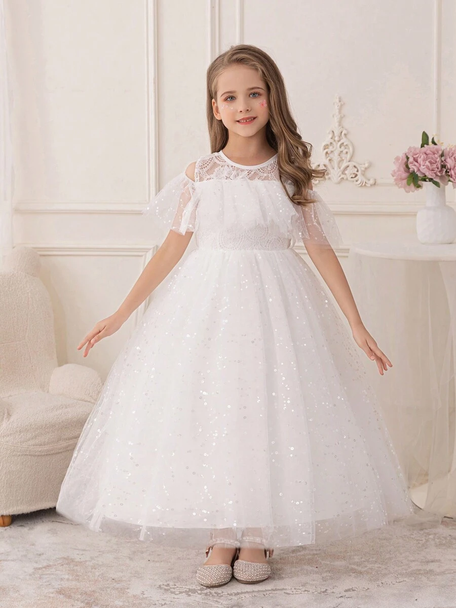 Vestido blanco brillante y esponjoso de tul para niñas pequeñas, vestido de dama de honor de boda para niña de las flores - Blanco - Ver 1