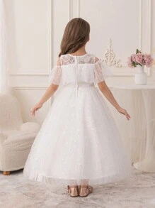 Vestido blanco brillante y esponjoso de tul para niñas pequeñas, vestido de dama de honor de boda para niña de las flores - Blanco - Ver 8