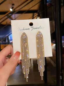 1 par Pendientes largos lujo con diamante de imitación con fleco para mujeres para fiesta - Amarillo Oro - Ver 2