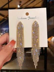 1 par Pendientes largos lujo con diamante de imitación con fleco para mujeres para fiesta - Amarillo Oro - Ver 3