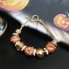 1 szt. Urocza emaliowana, słodka pomarańczowa dynia z kryształkami bransoletka z koralików dla kobiet na Halloween, dekoracyjna bransoletka z akcesoriami do biżuterii - Pomarańczowy - Zobacz 6