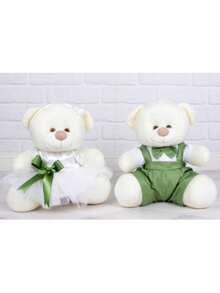 Kit With 2 Pcs - Decorative Teddy Bear Couple For Wedding White Flower Girl With Green Detail And Green Page Boy - Decoration 18 Cm - Rơm sang trọng - Xem 2