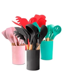 Kitchen Set Kit With 12 Silicone Pieces, Utensils And Cup Holder For Kitchen With Wooden Handle - 彩色 - 查看 1