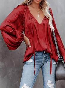 Blusa elegante con maniche a lanterna, plissettata e con fiocco, colore unito, da donna, autunno