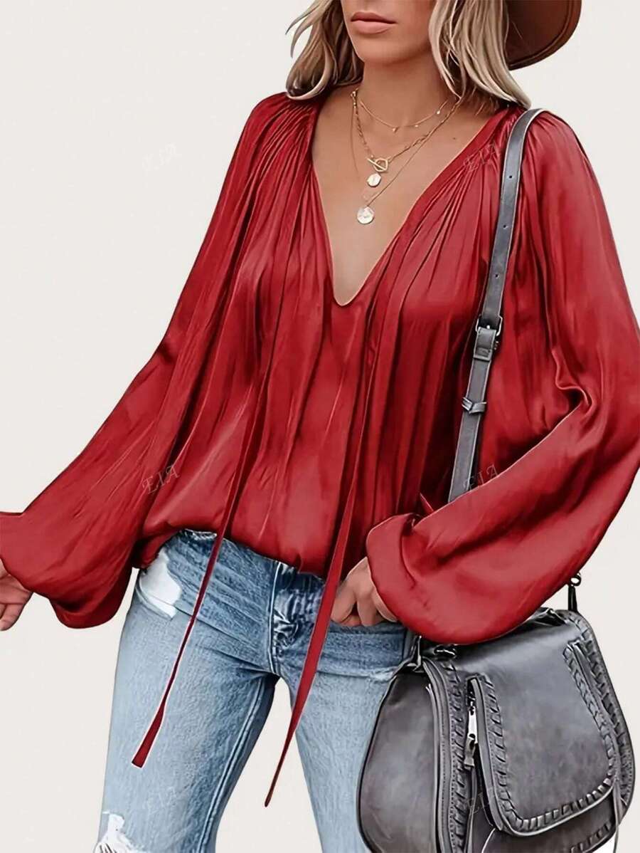 Blusa elegante con maniche a lanterna, plissettata e con fiocco, colore unito, da donna, autunno