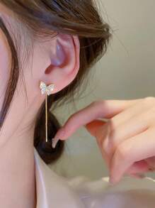 2pcs Korean Style Sweet & Cool Alloy Long Tassel & Rhinestone Butterfly Threader Earrings For Women Daily - Yellow Gold - View 4