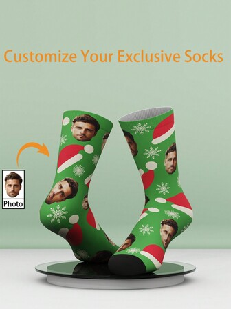 1 Pair Customized Face Printed Crew Socks For Men And Women, Personalized Socks With Handsome Guy Or Pretty Girl Photos, Funny Customized Mid-Calf Socks, Suitable For Valentine's Day, Birthday And Other Occasions