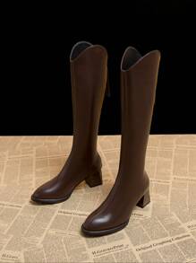 2024 秋季新款中粗跟高筒靴，经典时尚过膝靴，优雅简约设计 - 咖啡棕 - 查看 2