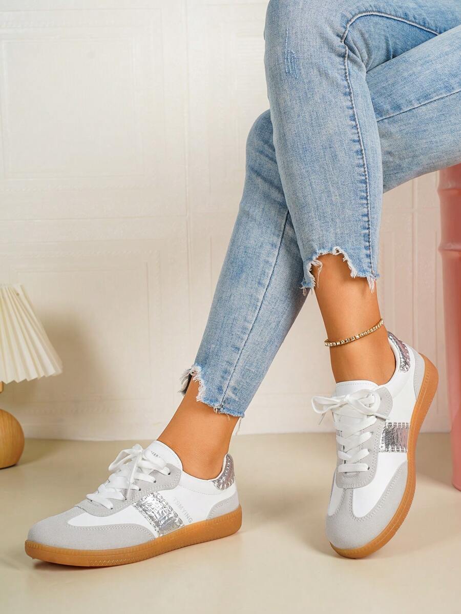 女士透气轻便休闲平底运动鞋 - 銀色 - 查看 1