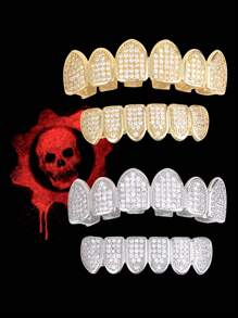 1pc/2pcs Hip-Hop 18K Gold Plated Teeth Grills Inlaid With Shiny Zirconia Grillz Teeth Braces Halloween And Party Daily Wear Unisex
