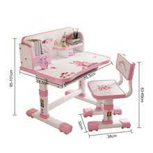 Kids Study Desk And Chair Set, Height Adjustable Children School Study Table Chair Set With Cartoon Pattern, Ergonomic Desk Chair With Large Writing Board, Bookshelf And Book Bucket - Pink - View 5
