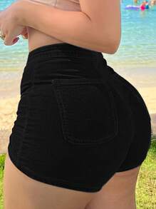 Chicsale Women's Slim - Fit Denim Mid-Waisted Denim Shorts-Summer Casual Slim - Fit Hot Pants Hip-Lifting And Slimming Hot Pants, Tight, Hip-Hugging, Hot Girl Mini Shorts, Anti-Exposure, Anti-Curling, European And American Versatile Super Shorts - 黑色 - 查看 2