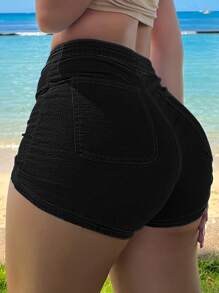 Chicsale Women's Slim - Fit Denim Mid-Waisted Denim Shorts-Summer Casual Slim - Fit Hot Pants Hip-Lifting And Slimming Hot Pants, Tight, Hip-Hugging, Hot Girl Mini Shorts, Anti-Exposure, Anti-Curling, European And American Versatile Super Shorts - 黑色 - 查看 3