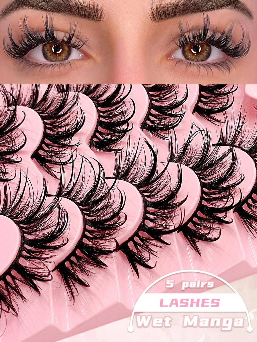 Asiteo 5 Pairs Wet Look False Eyelashes Faux Mink Lashes Fluffy And Soft Lashes, Fashion Style, Long Thick Natural Curling Fake Eyelashes, Eyelash Extensions - Lông mi Manga nhọn - Xem 1