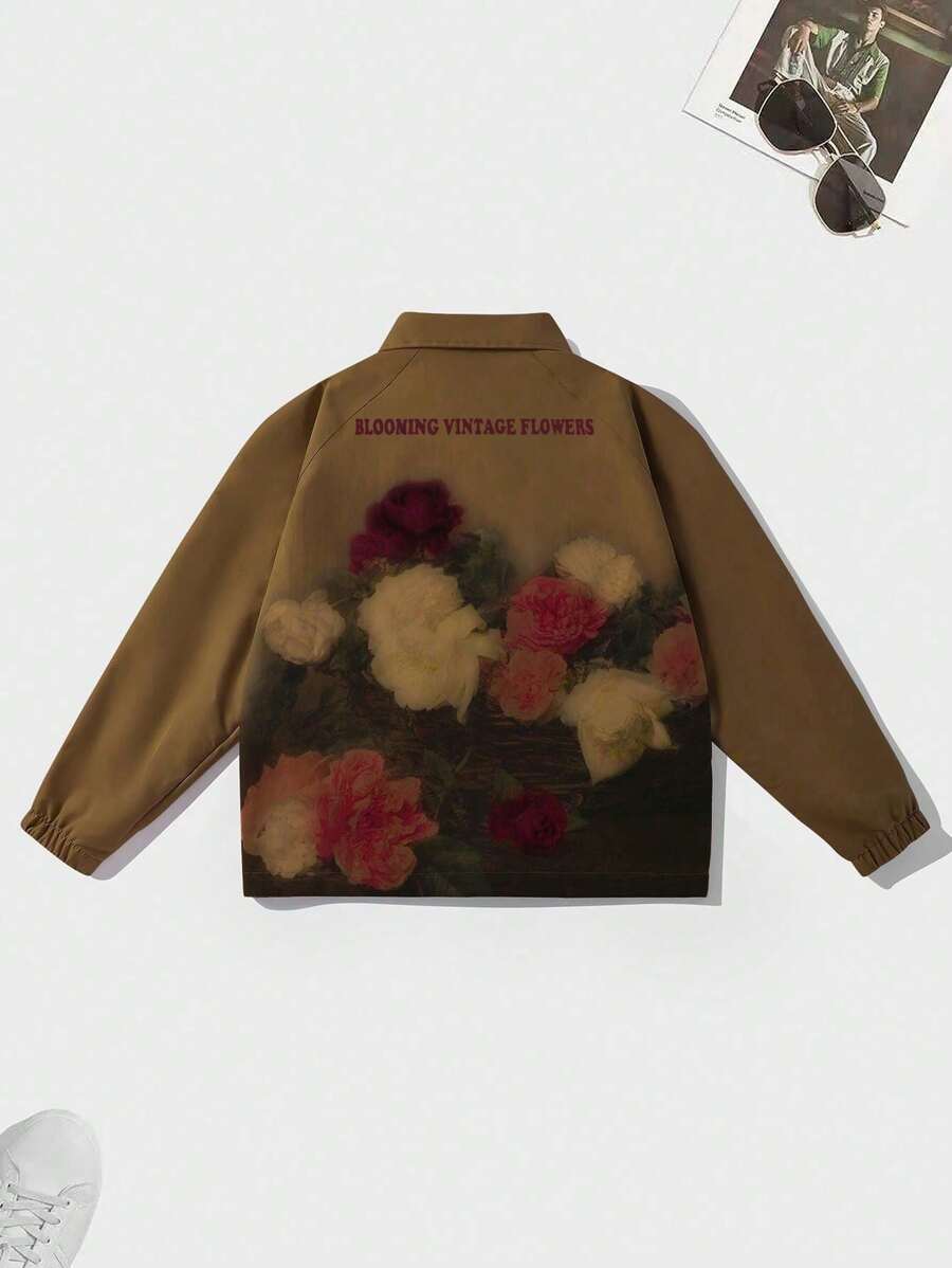 جاكيت كاجوال بأكمام طويلة مطبوعة بزهور بلون القهوة، مناسبة للربيع والخريف - قهوة بني - مشاهدة 1