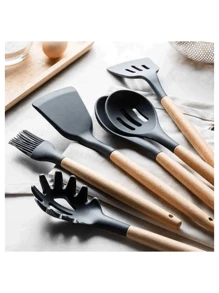 Kitchen Set Kit With 12 Silicone Pieces, Utensils And Cup Holder For Kitchen With Wooden Handle - Black - View 5