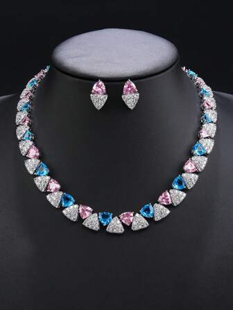1 Set Of 3pcs Luxury Cubic Zirconia Jewelry Necklace And Earrings Set For Women, Suitable For Wedding, Bridal Gown, Party And Formal Occasions