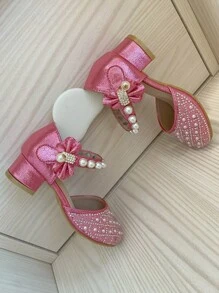 1pair Girls Fashion Elegant Bowknot Pearl Rhinestone Design Princess High Heel Dress Shoes, Pink Color, Breathable Anti-Slip, Suitable For Spring Summer Autumn Wedding Party Stage