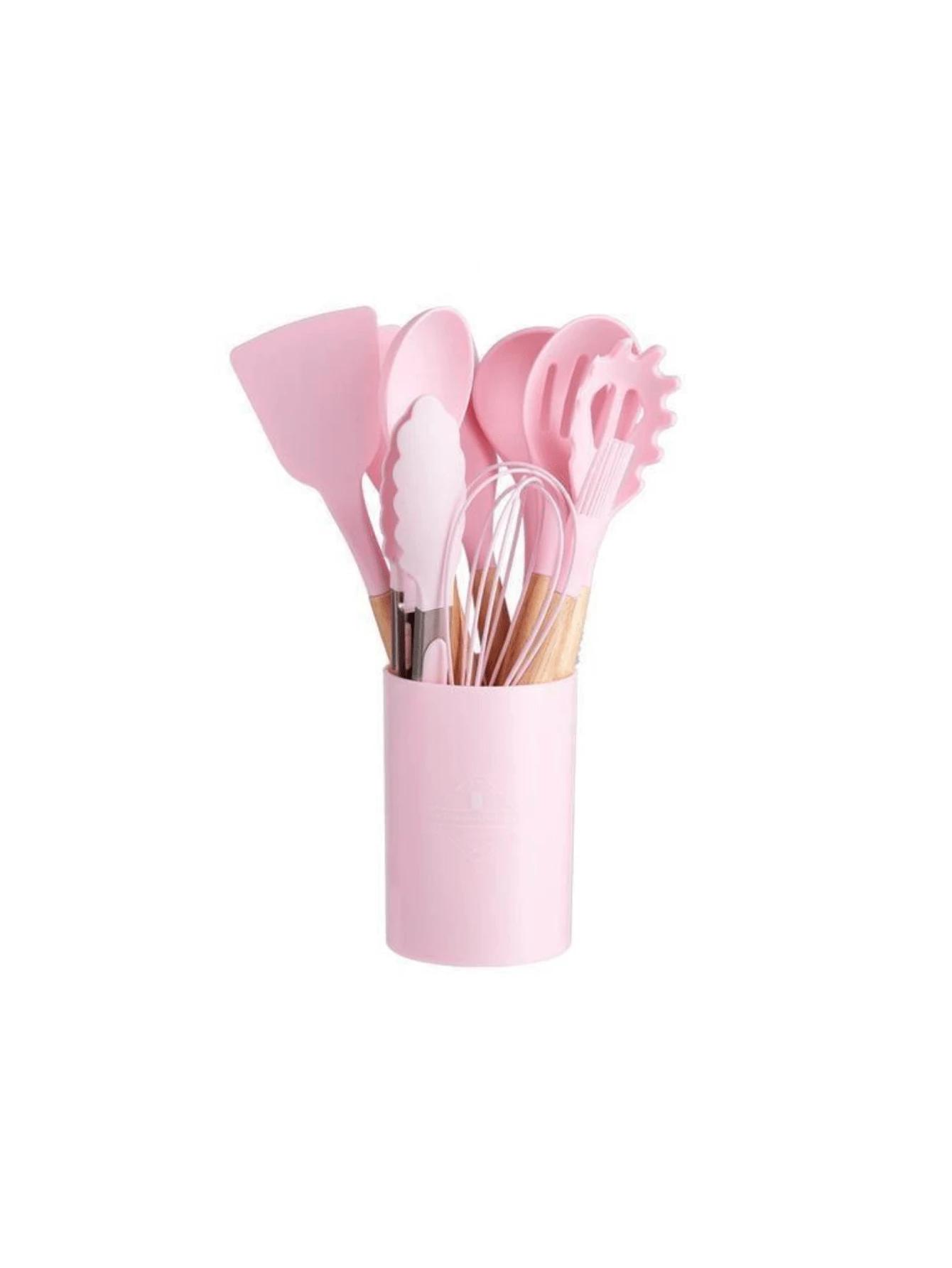 Kitchen Set Kit With 12 Silicone Pieces, Utensils And Cup Holder For Kitchen With Wooden Handle - Baby Pink - View 1