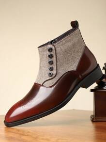 切尔西靴拼接男鞋新款高帮百搭英伦风靴子休闲男士皮鞋 - 酒紅色 - 查看 1