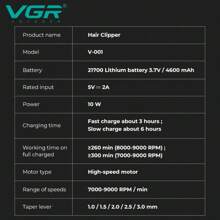 VGR 毛发修剪器 9000RPM 毛发修剪器 无绳专业可充电 21 档速度可调毛发修剪器 阿根廷国家队官方授权经销商 V-001 - 紅色 - 查看 5
