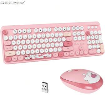 MOFII Ergonomic 2.4G Plug And Play Wireless Keyboard And Mouse Combo 104 Keys Coloful Retro Round Keycaps Wireless Keyboard For ,Windows(2000/Vista/XP/7/8/10/Visa)-Pink