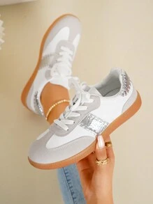 女士透气轻便休闲平底运动鞋 - 銀色 - 查看 2