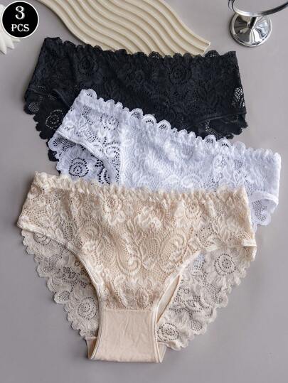 3 件扇形蕾丝花朵蕾丝边性感内裤套装