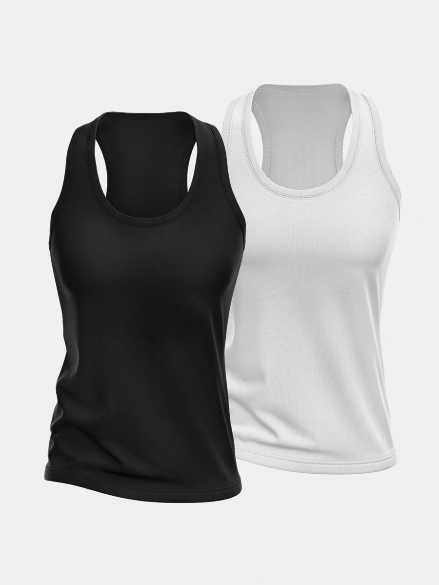 Kit 2 Women's Dry Gym Tank Tops Plain Black/White - 黑與白 - 查看 1