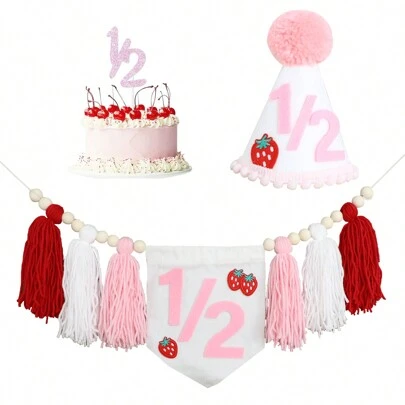1 幅草莓主题半横幅、1 顶半岁生日派对帽、6 个月生日派对套装、木珠流苏花环、波西米亚风生日派对装饰、半岁生日装饰、圣诞节