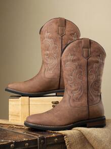 Men's Embroidered Side Zipper High-Top Riding Boots, Retro Pointed Toe Soft Bottom  Boots, Autumn Winter New