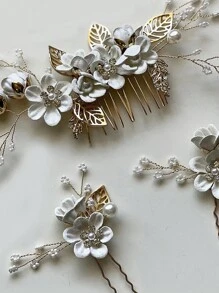 2/3/4 piezas Pasador de pelo con flores y perlas de imitación para mujer, y 1 peineta para bodas, fiestas, tocados estilo bohemio