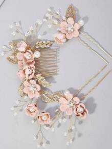 2/3/4 piezas Pasador de pelo con flores y perlas de imitación para mujer, y 1 peineta para bodas, fiestas, tocados estilo bohemio