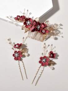 2/3/4 piezas Pasador de pelo con flores y perlas de imitación para mujer, y 1 peineta para bodas, fiestas, tocados estilo bohemio