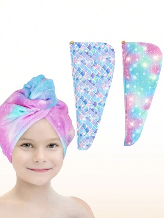 2pcs Microfiber Hair Towel Wrap For Girls 2 Packs Rapid Drying Hair Towel With Button Hair Turbans For Wet Hair Wraps Head Towel Wrap For Girls, Dark Unicorn