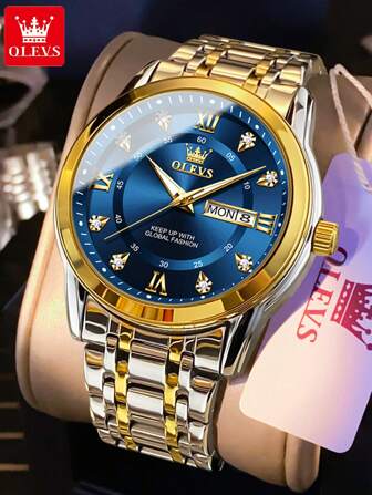 OLEVS. Reloj de cuarzo para hombre OLEVS, reloj de lujo con diamantes y dorado, resistente al agua, luminoso, de acero inoxidable, reloj de negocios de cuarzo para hombre