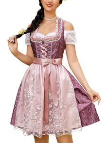 Women's German Dirndl Dress 3 Pieces Traditional Oktoberfest Costumes - Hot Pink - View 1