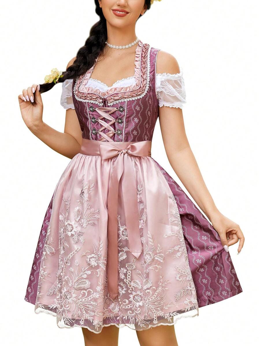 Women's German Dirndl Dress 3 Pieces Traditional Oktoberfest Costumes - Hot Pink - View 1