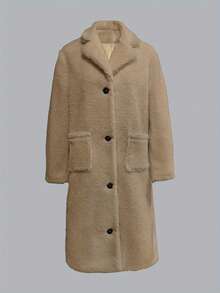 Long Sleeve Solid Color Fleece Collar Long Coat - Khaki - View 3