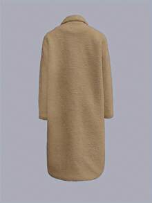 Long Sleeve Solid Color Fleece Collar Long Coat - Khaki - View 2