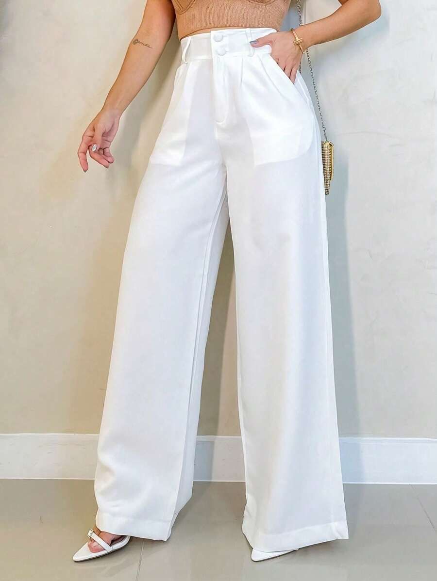 Women's High-Waisted Tailored Pants With Two Buttons And A Zipper And Open Pocket - New White - View 1