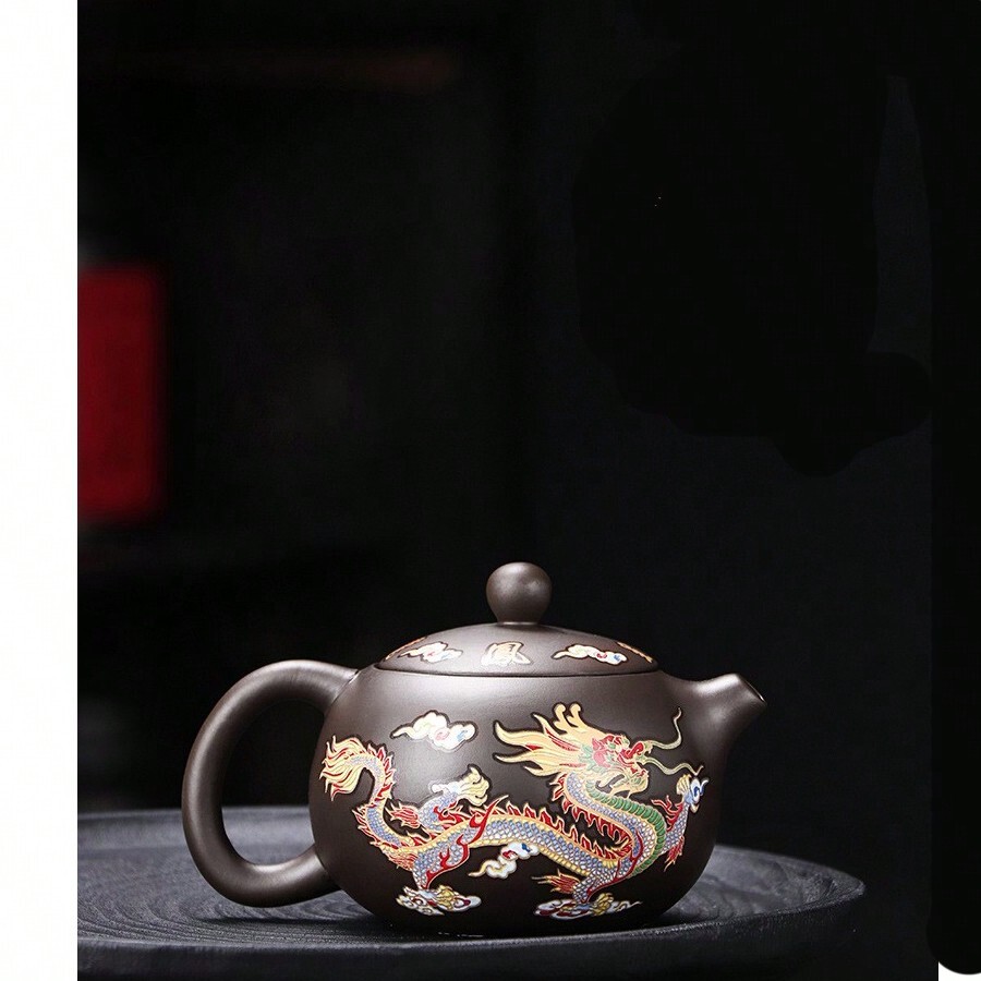 1pc Natural Zisha Dragon & Phoenix Design Teapot With 4 Cups, Color