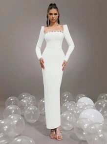 New Rhinestone Decor Tight Long Bandage Dress, Women's Formal Wedding Party Evening Gown Wedding Guest Dress - White - View 1